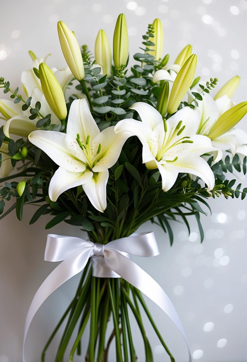 A delicate bouquet of white lilies, accented with greenery and tied with a satin ribbon