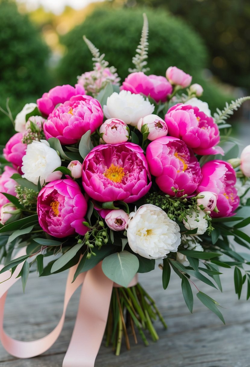 A lush bouquet of hot pink peonies and lisianthus, arranged in a cascading style, with delicate greenery and ribbon accents