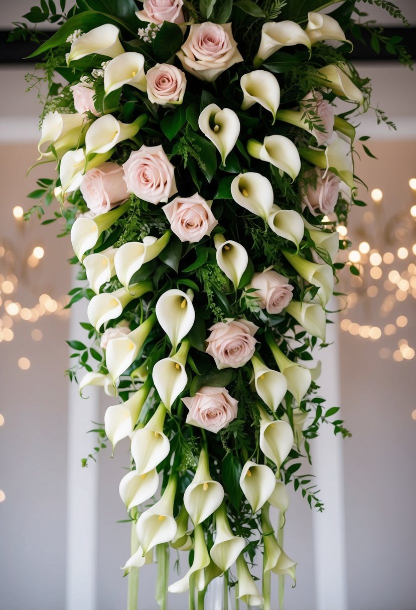 A cascading bouquet of calla lilies and roses, with greenery, arranged in an elegant, flowing design