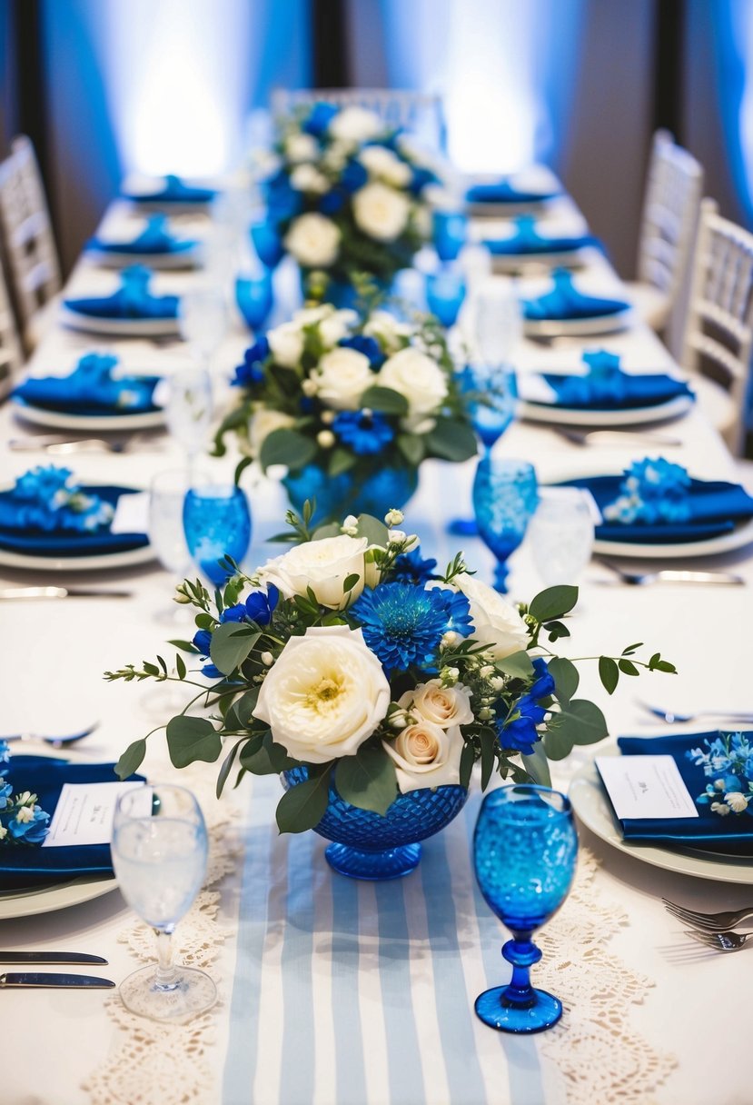 A blue and white themed wedding table with elegant floral centerpieces and delicate lace table runners