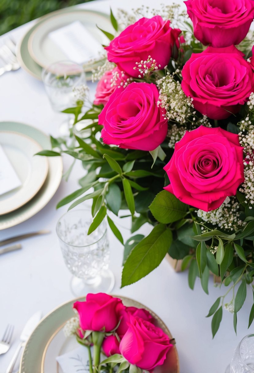 A table set with a vibrant hot pink wedding bouquet of bright fuchsia roses, surrounded by lush greenery and delicate baby's breath