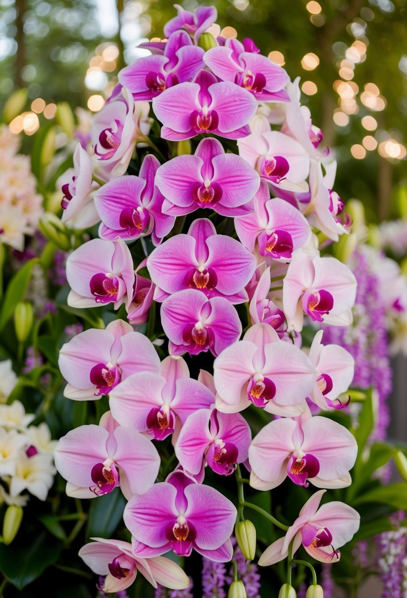 A vibrant mix of Stargazer lilies and orchids arranged in a cascading wedding bouquet