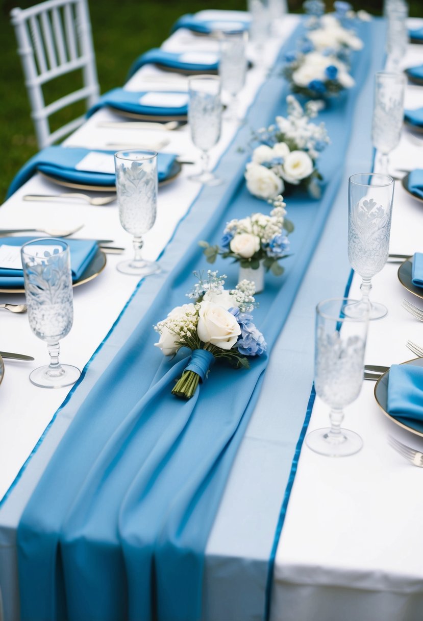 A powdery dusty blue table runner lays across a white table, adorned with delicate blue and white wedding decorations