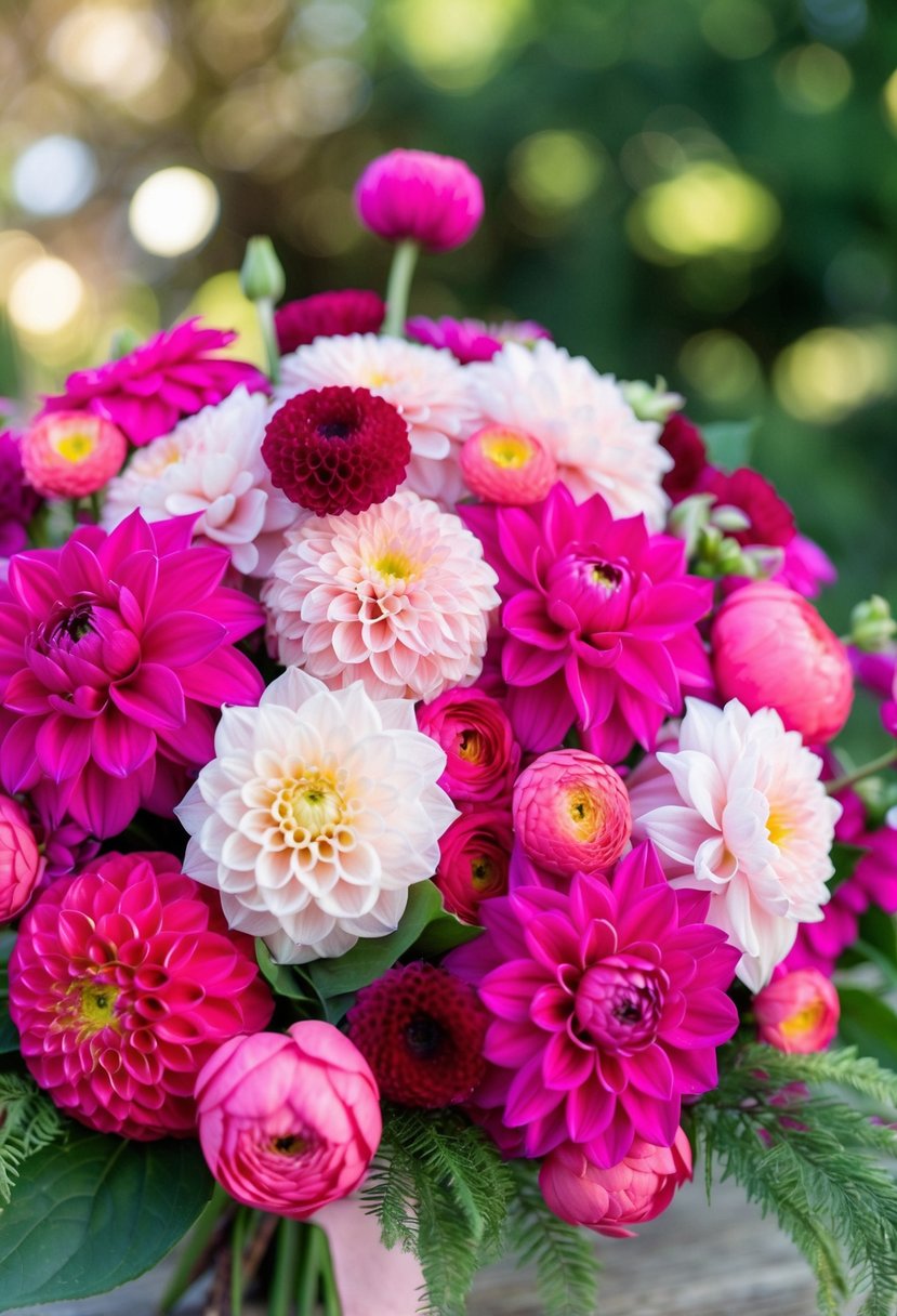 A vibrant bouquet featuring a mix of dahlias and blush ranunculus, accented with hot pink florals