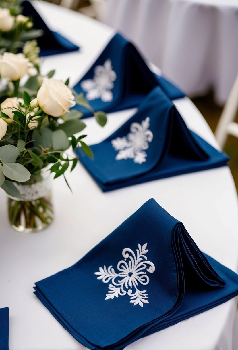 Navy blue napkins folded neatly with white embroidered designs on a wedding reception table