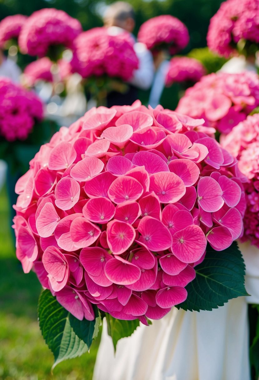 A lush bouquet of hot pink hydrangeas, creating volume and vibrancy for a wedding celebration