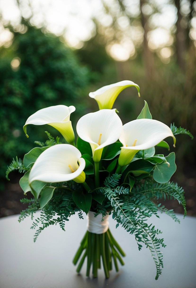 Three elegant white calla lilies arranged in a wedding bouquet with delicate green foliage