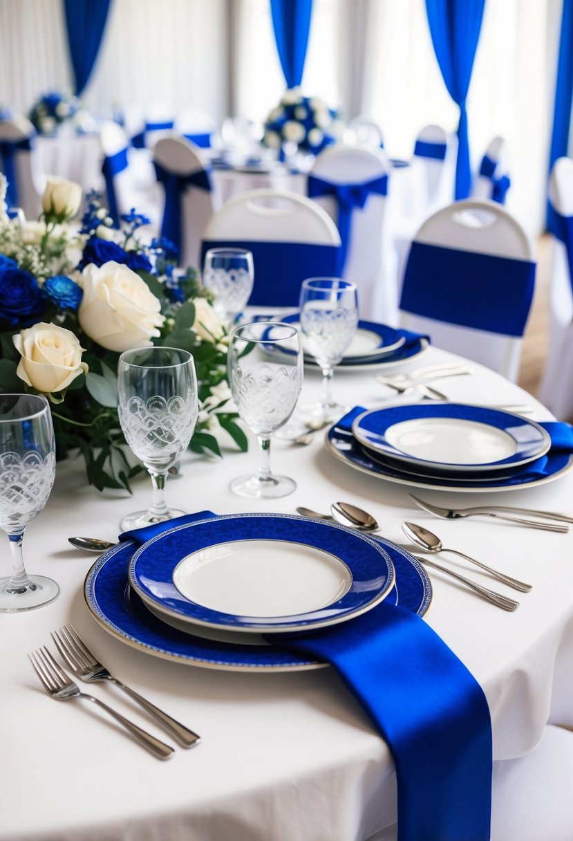 Royal blue and white china plates arranged elegantly on a table with matching blue and white wedding decorations