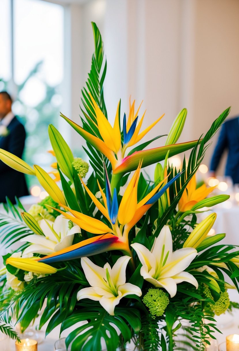 A vibrant bouquet of tropical Birds of Paradise and lilies, accented with lush greenery, creates a stunning wedding centerpiece