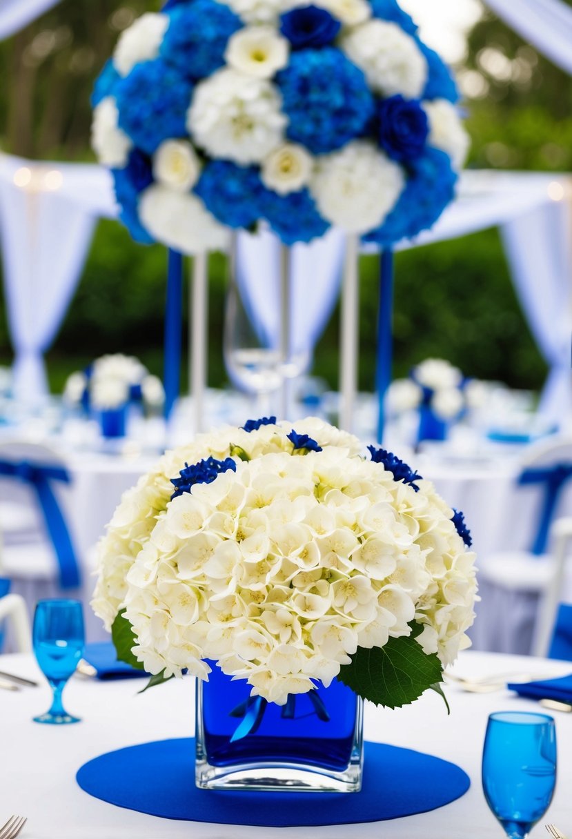 A white hydrangea centerpiece with blue accents sits on a table, surrounded by blue and white wedding decorations