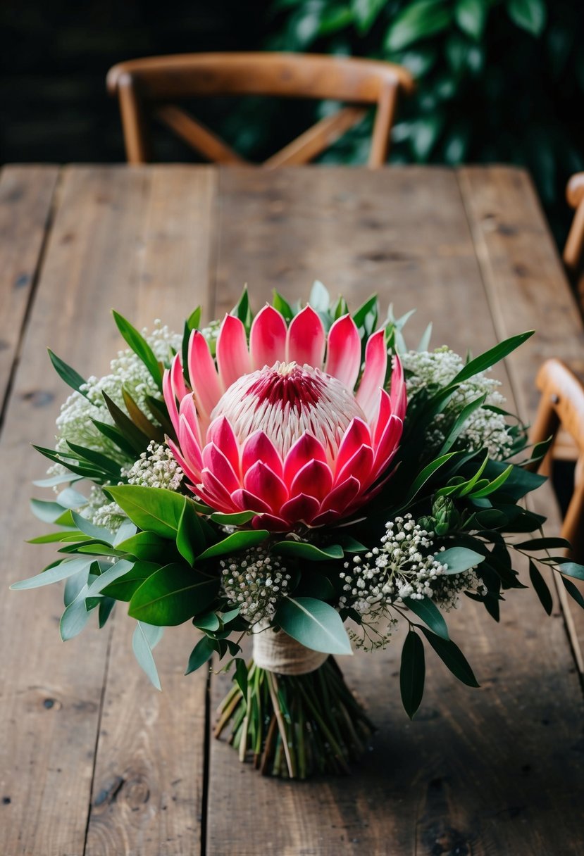 A vibrant hot pink protea bouquet sits on a rustic wooden table, surrounded by lush greenery and delicate baby's breath