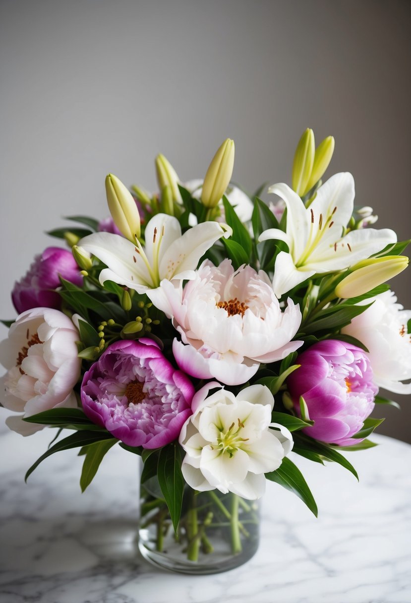 A vibrant spring bouquet featuring peonies and lilies in full bloom, arranged in a delicate and elegant manner