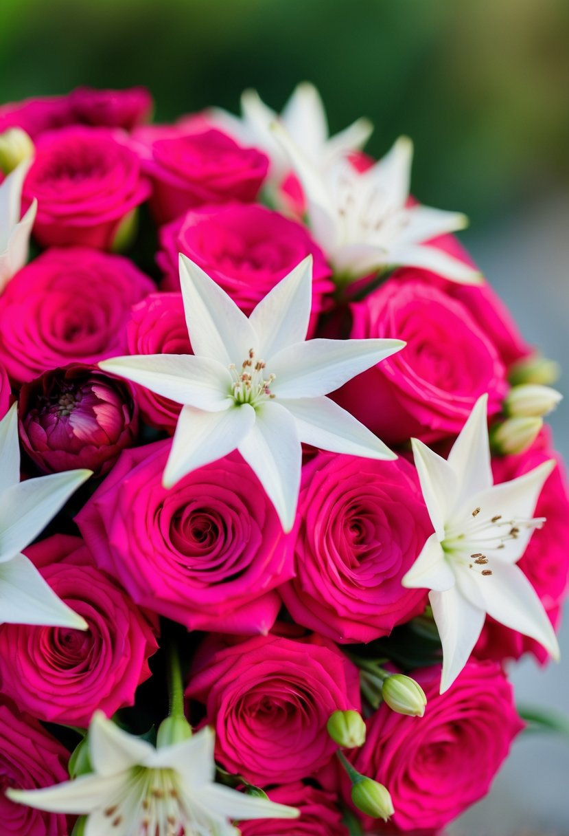 A vibrant hot pink wedding bouquet featuring white starflowers for contrast