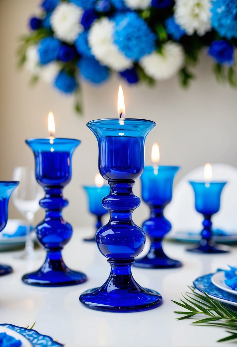 Blue glass candlesticks arranged on a white table with blue and white floral decorations