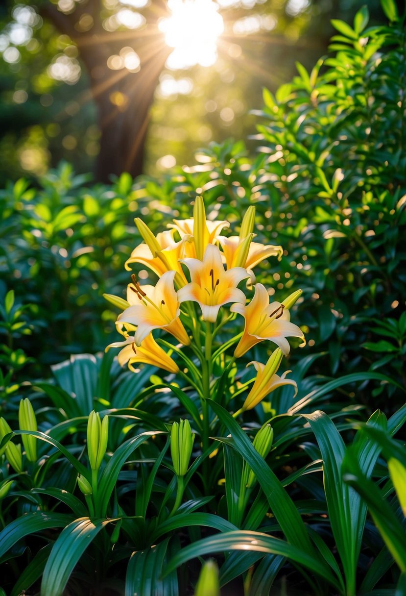 Sunlight filters through dense foliage, illuminating a vibrant cluster of trumpet lilies nestled among lush greenery