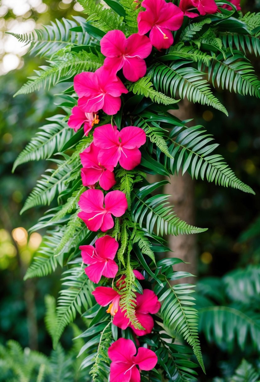 Lush tropical ferns intertwined with vibrant hot pink flowers in a cascading wedding bouquet