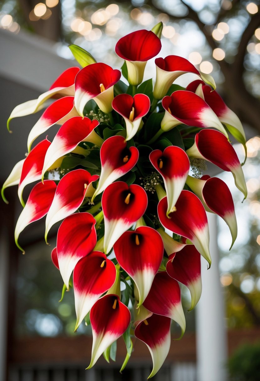 Vibrant red and white calla lilies arranged in a cascading wedding bouquet