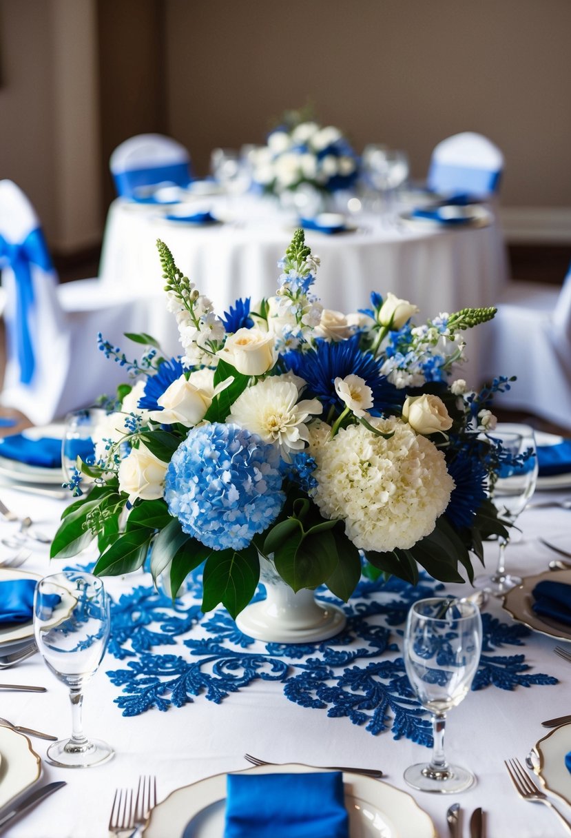 A blue and white floral centerpiece sits atop a beautifully set wedding table, surrounded by delicate blue and white decorations