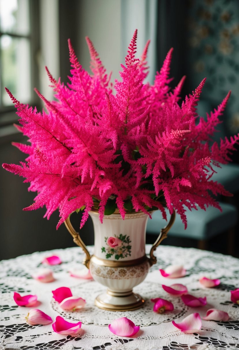 A lush hot pink astilbe bouquet stands in a vintage vase on a lace-covered table, surrounded by delicate pink rose petals