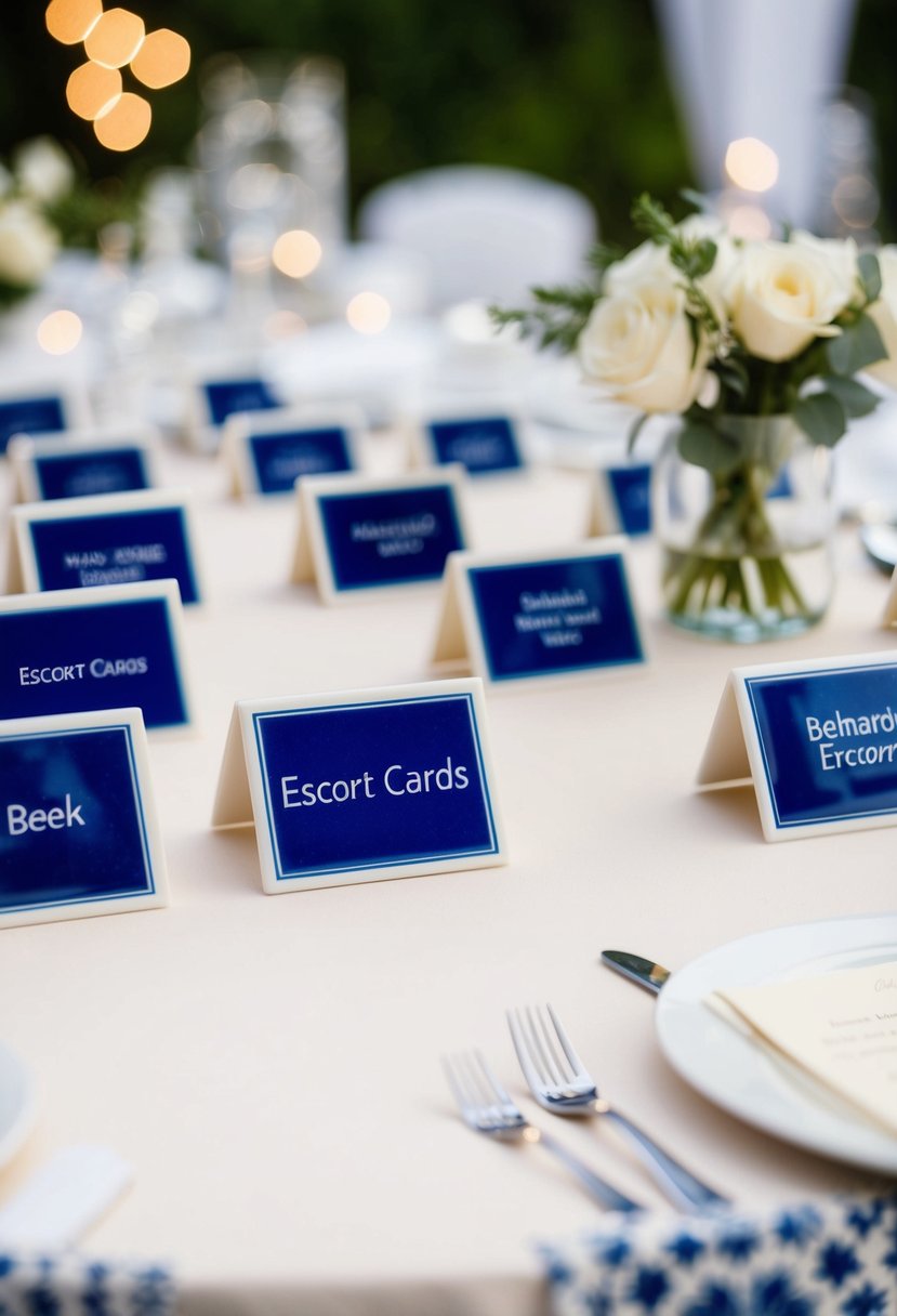 Blue and white ceramic tiles arranged as escort cards on a wedding reception table