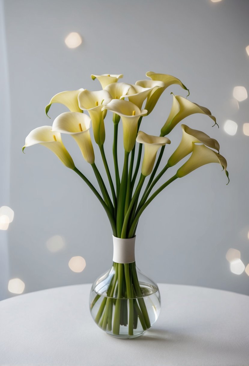 A simple, elegant bouquet of calla lilies in a button shape, with clean lines and minimalistic design