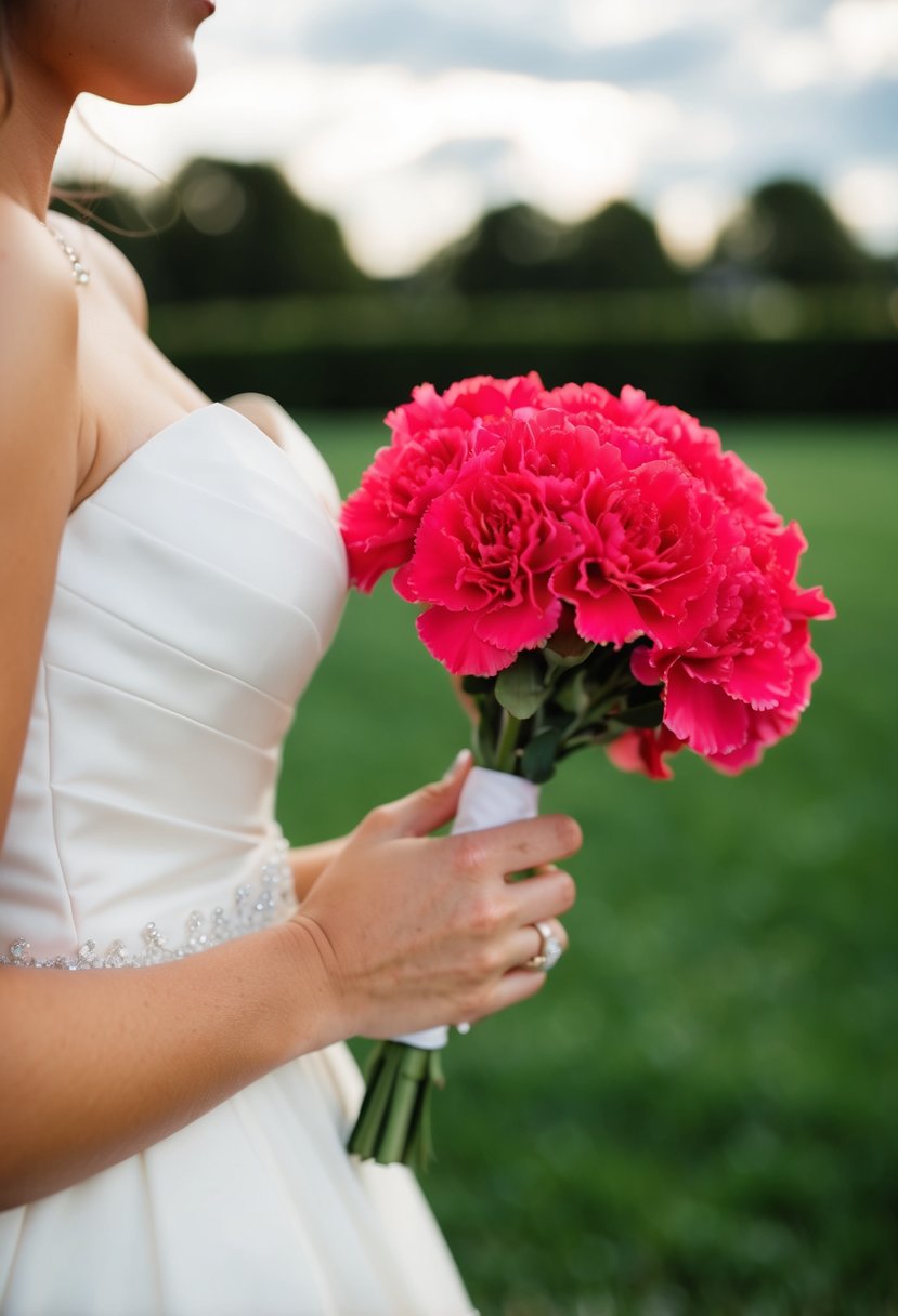 A bride's hand holding a vibrant hot pink carnation bouquet