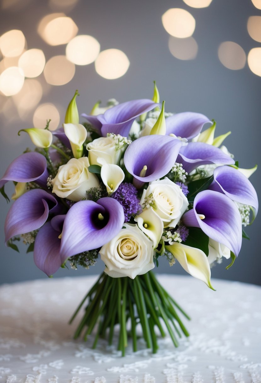 A lush bouquet of lavender calla lilies and dreamy white flowers arranged in a delicate wedding bouquet