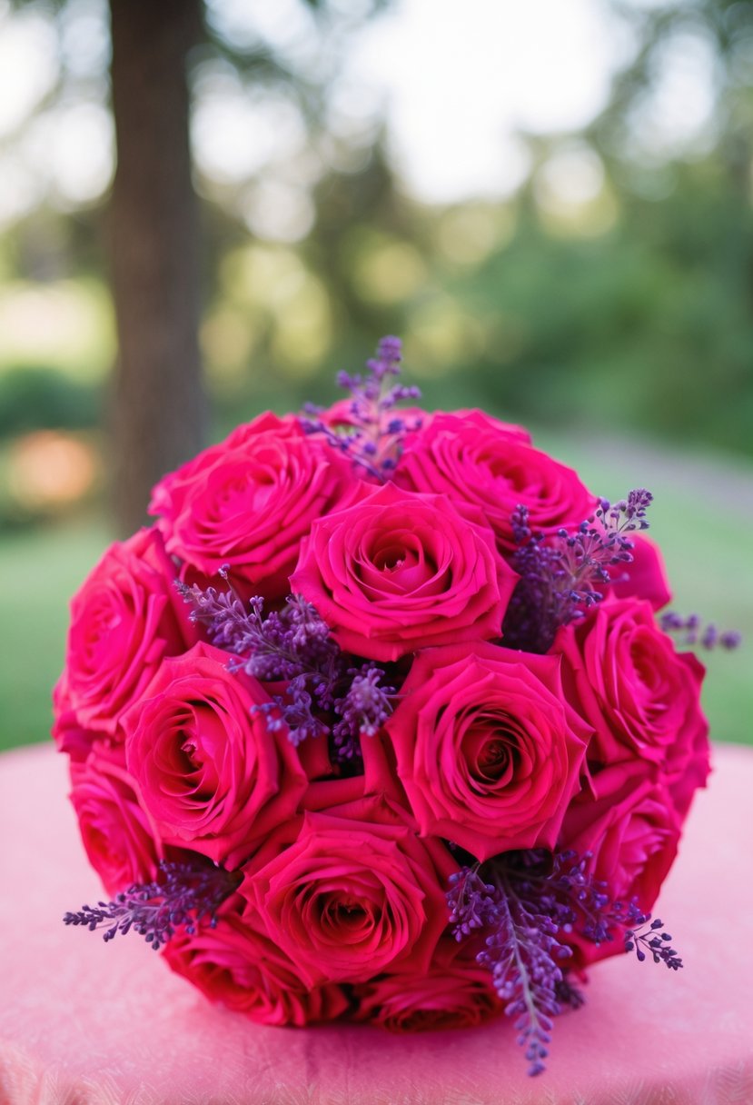 A vibrant hot pink wedding bouquet with delicate purple accents