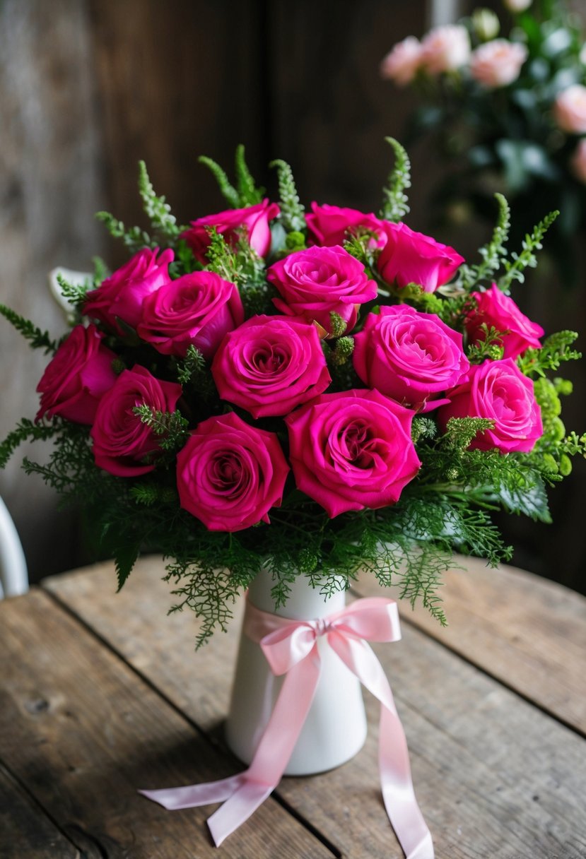 A lush arrangement of hot pink garden roses and greenery, tied with a satin ribbon, sitting in a white vase on a rustic wooden table