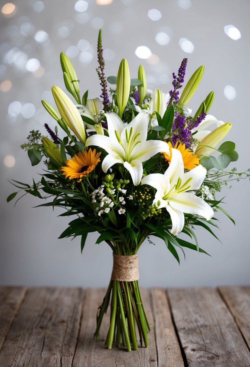 A rustic bouquet of wildflowers and white lilies arranged in a simple, elegant manner