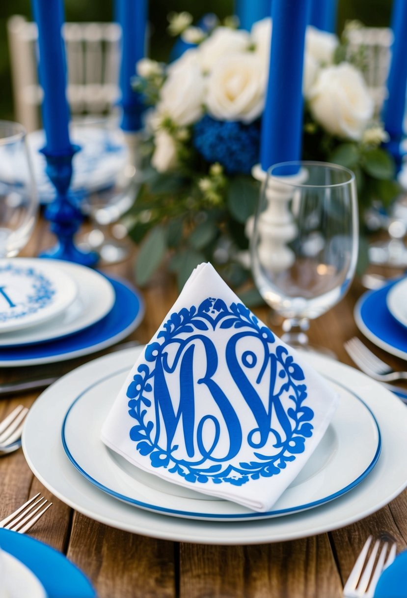 Blue and white monogram napkins arranged on a wedding table with matching decorations