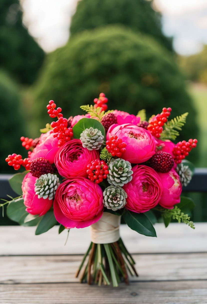 A vibrant hot pink wedding bouquet with textured berries and greenery