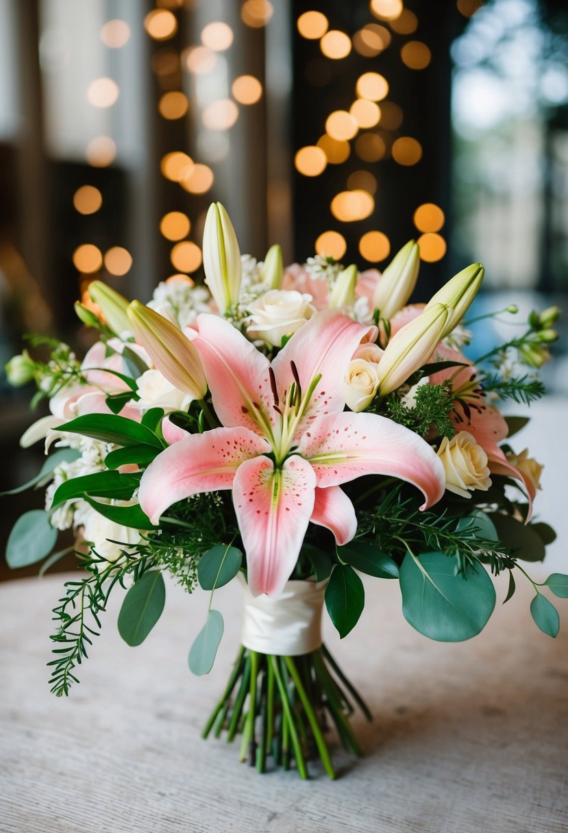 A chic bridal bouquet featuring pink lilies and delicate greenery