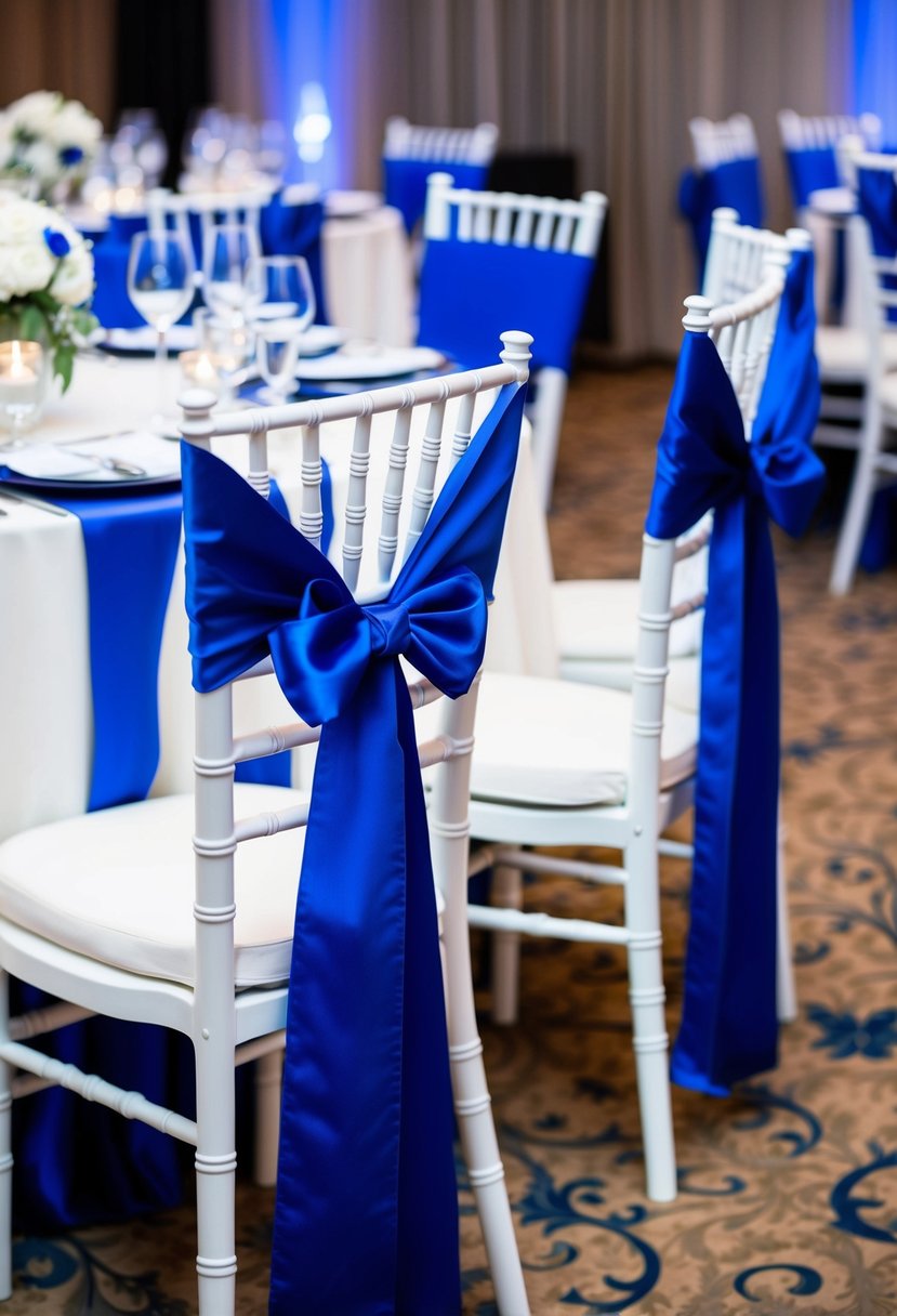 Royal blue chair sashes elegantly tied around white chairs, complementing blue and white table decor at a wedding reception