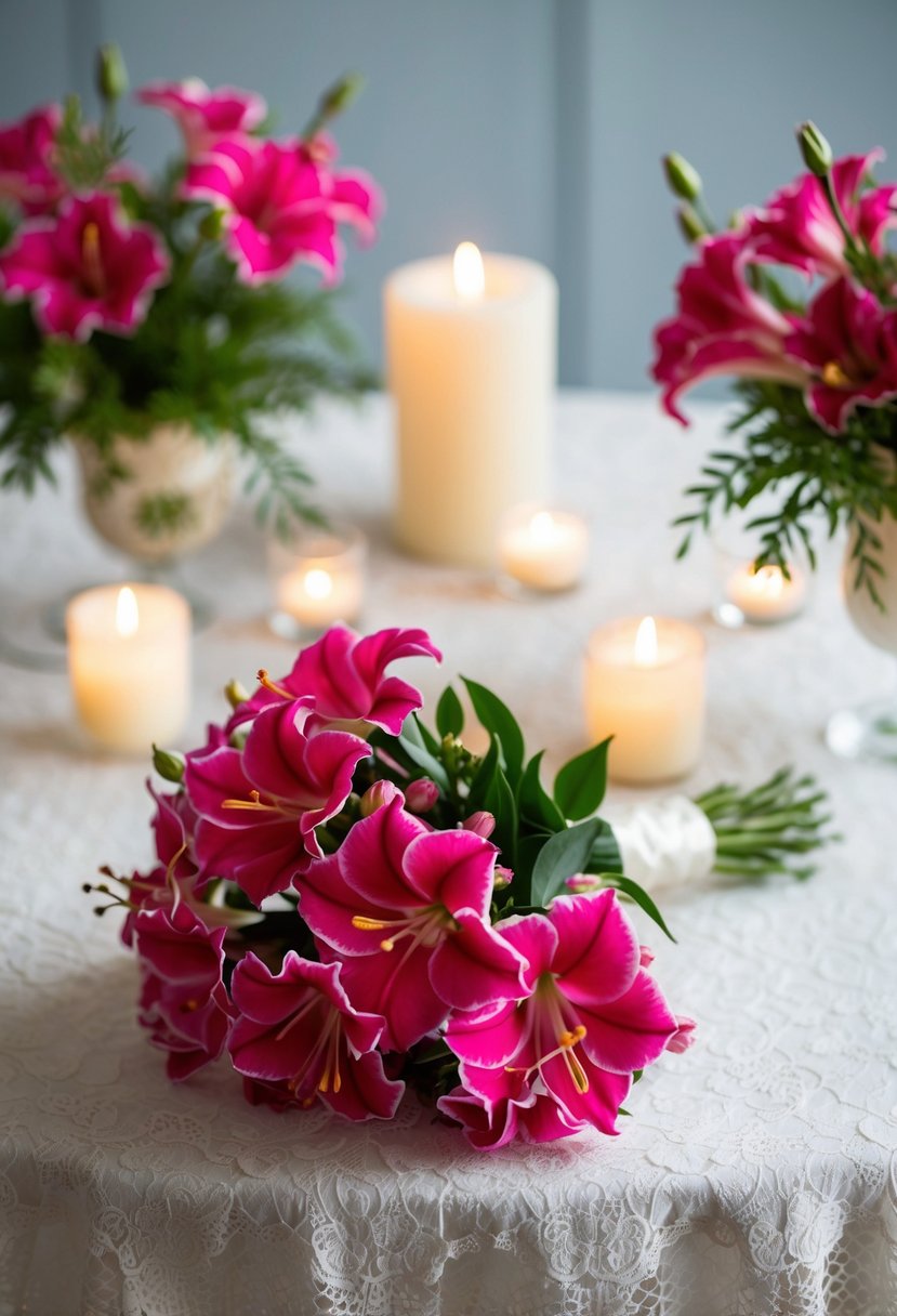 A hot pink lisianthus wedding bouquet rests on a lace-covered table, surrounded by soft candlelight and delicate greenery