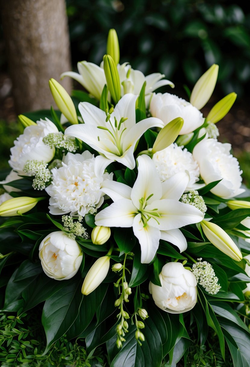 A classic white lily and peony wedding bouquet, with delicate blooms arranged in a cascading design, nestled in a bed of lush green foliage