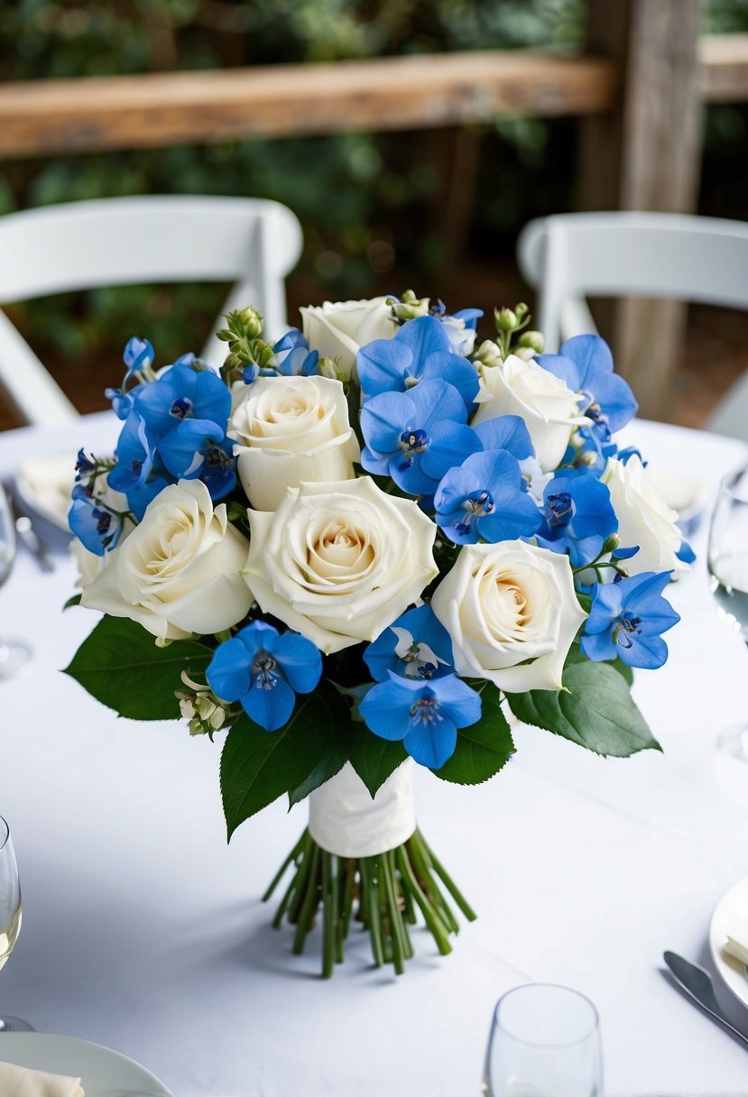 A bouquet of white roses and blue delphinium sits on a white wedding table