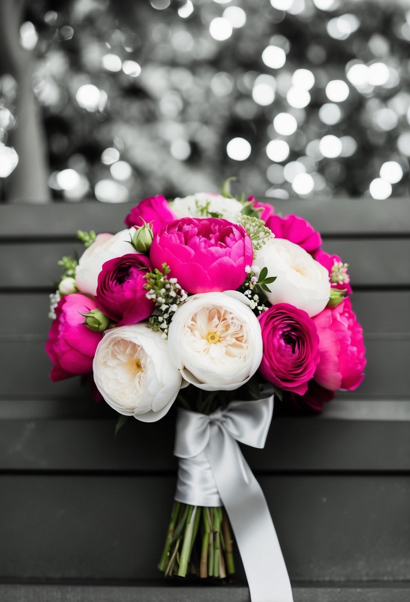 A monochrome hot pink wedding bouquet with roses, peonies, and ranunculus, tied with satin ribbon