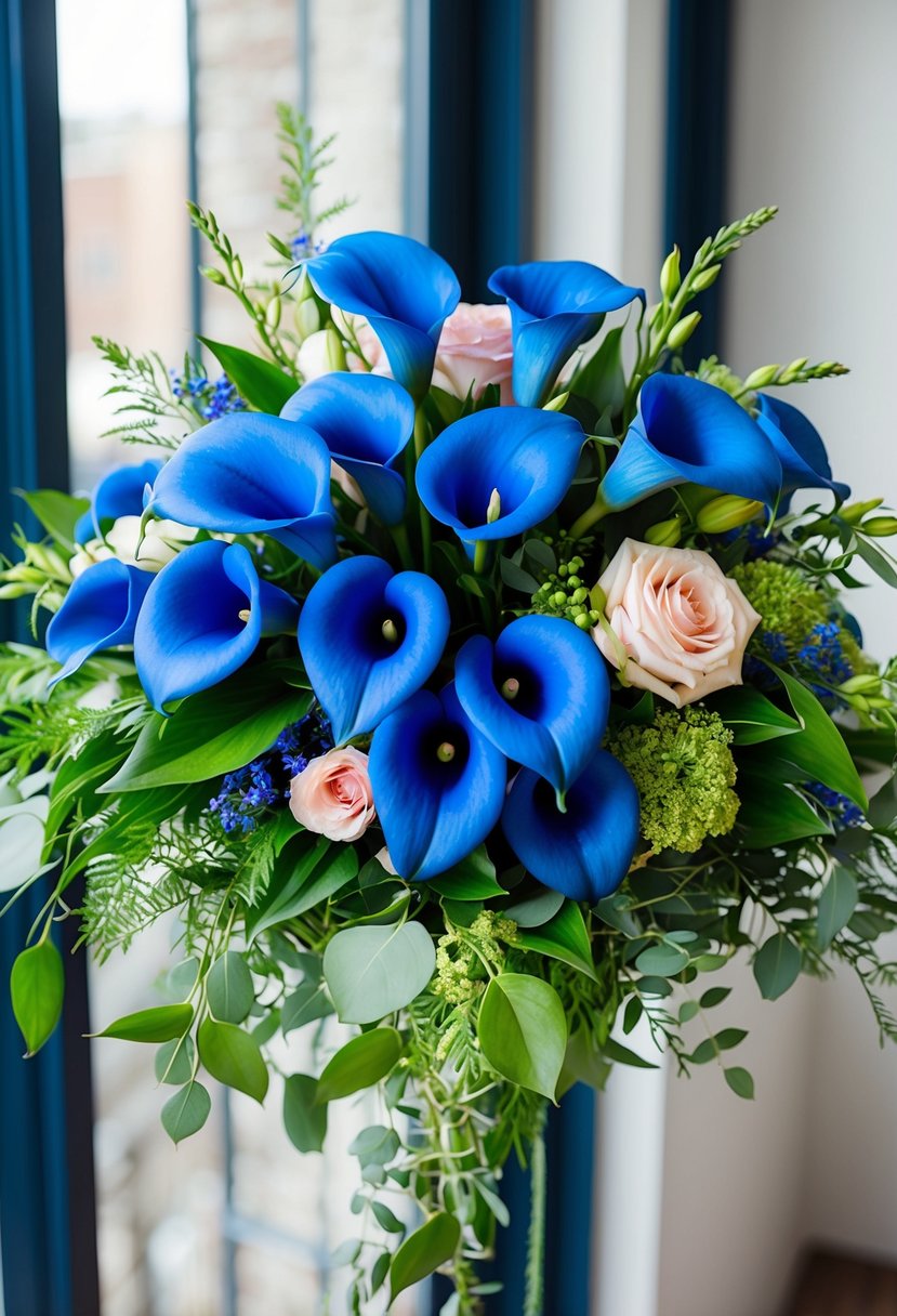 A vibrant bouquet of bold blue calla lilies and roses, arranged in a cascading style with lush greenery and delicate filler flowers