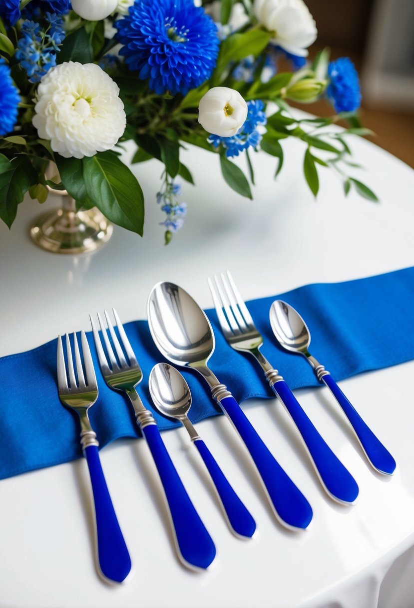 Silver cutlery with blue handles arranged on a white table with blue and white floral decorations