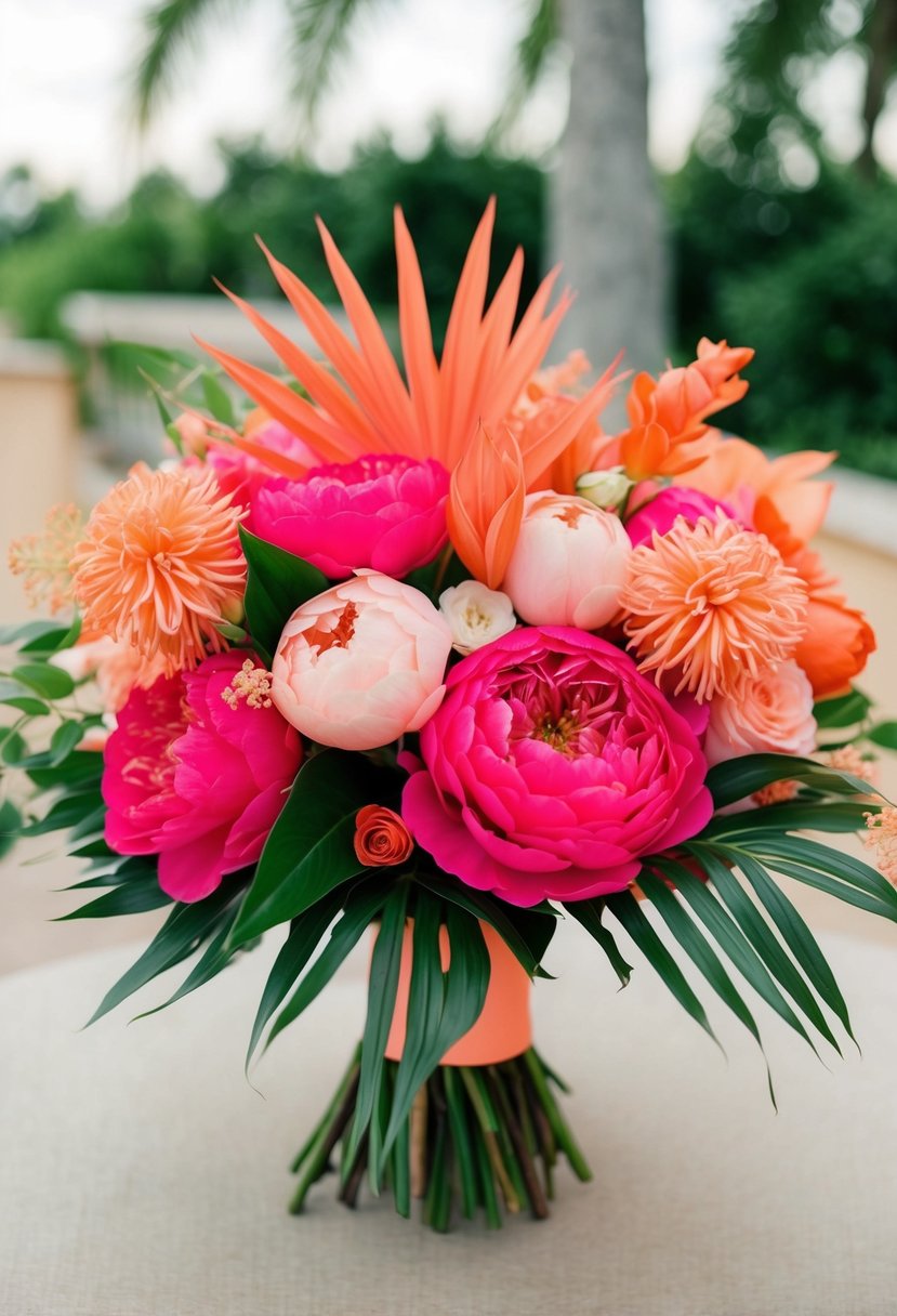 A vibrant hot pink wedding bouquet with coral and peach hues, featuring roses, peonies, and tropical foliage