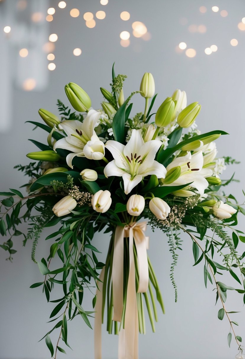 A vintage-inspired bouquet featuring lilies and tulips arranged in a cascading style, with delicate greenery and ribbon accents