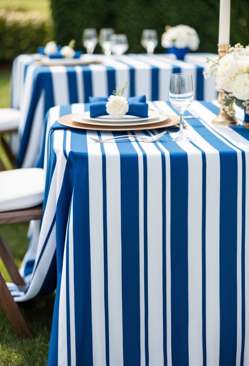 A blue and white striped tablecloth with matching table decorations for a wedding