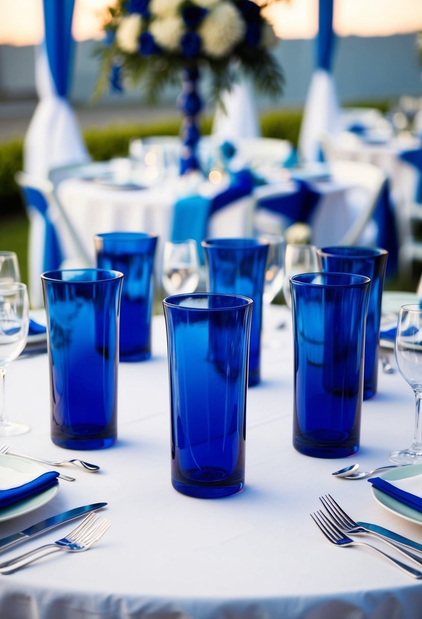 Navy blue water goblets sit on a white tablecloth, surrounded by blue and white wedding decor