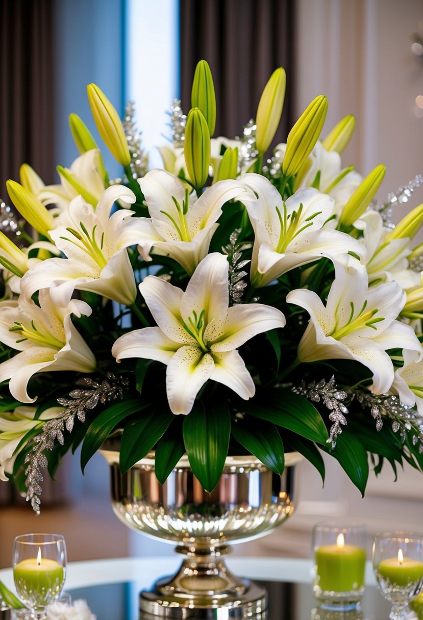 A lush bouquet of glamorous lilies with delicate silver accents, arranged in a stunning display