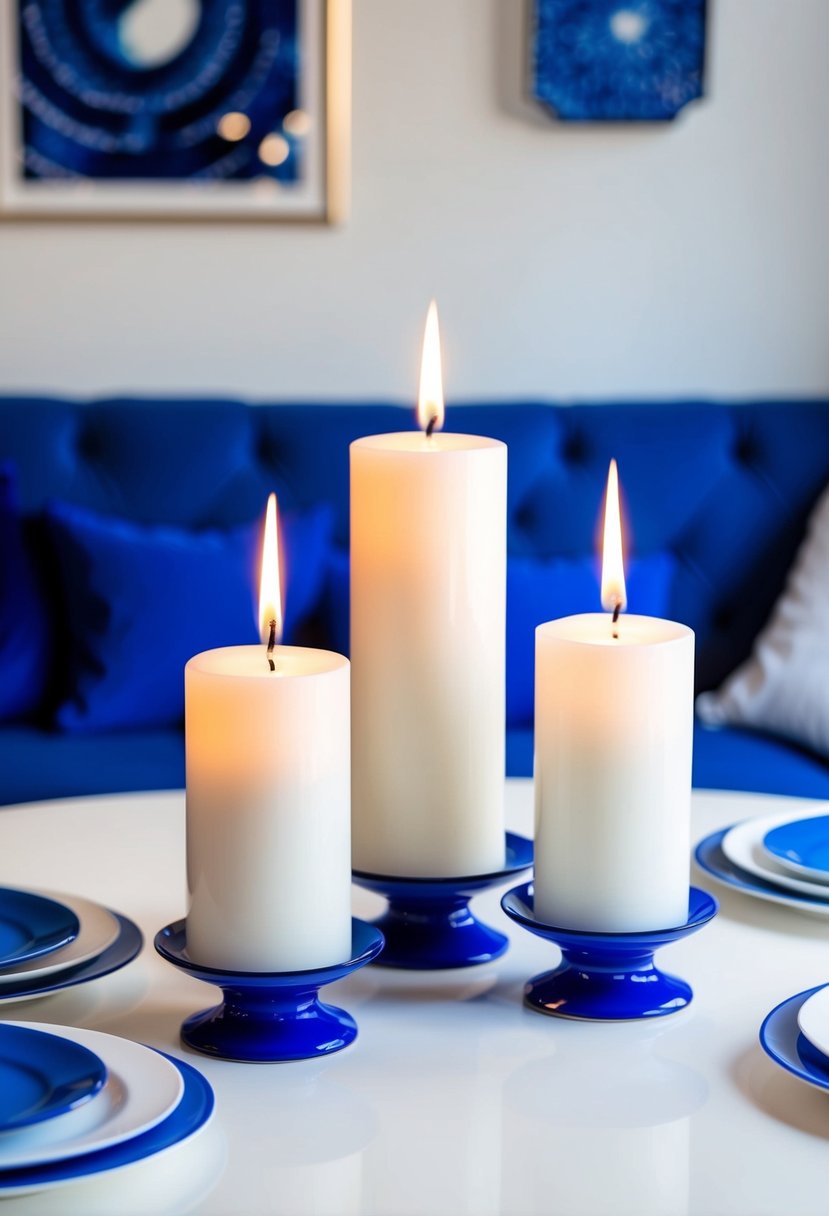 Three white pillar candles in blue holders arranged on a white table with blue and white accents