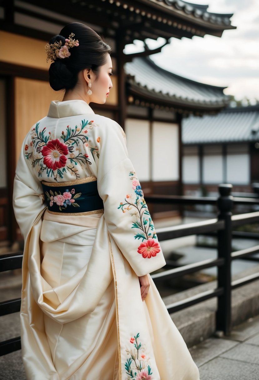 A traditional Japanese bridal gown with intricate floral embroidery and flowing silk fabric