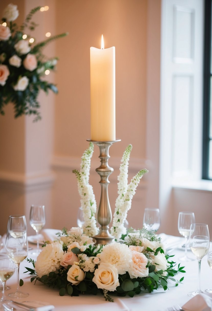 A tall, elegant candle centerpiece surrounded by delicate floral arrangements on a white wedding table