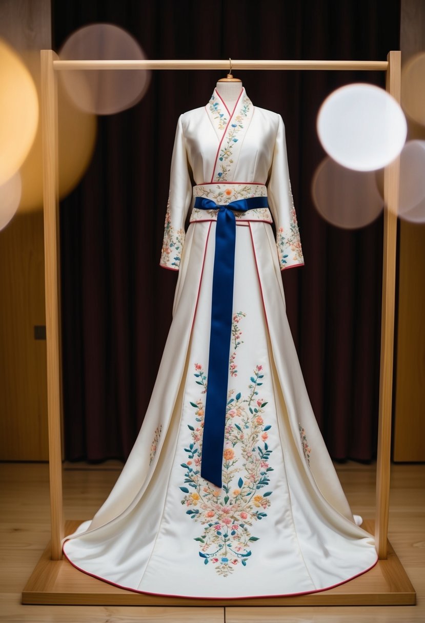 A traditional Shiromuku bridal gown displayed on a wooden stand with delicate embroidery and flowing fabric