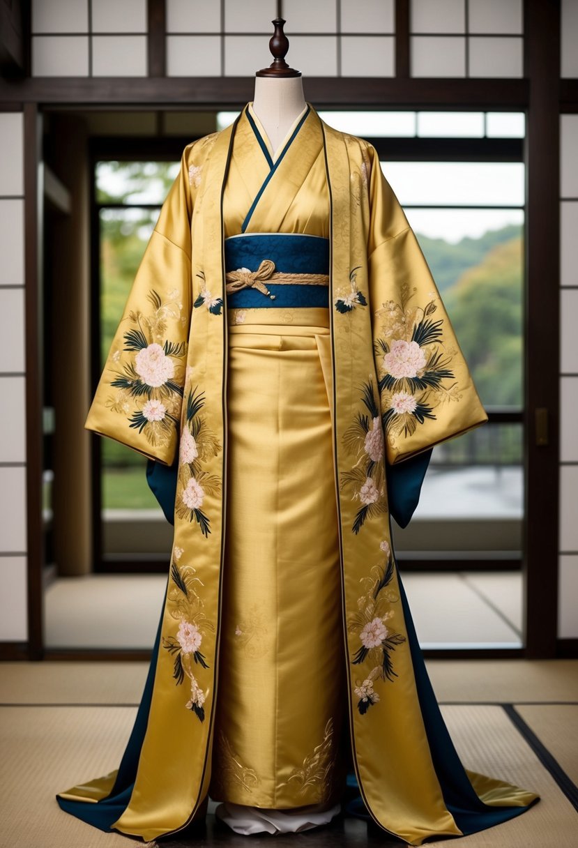 A traditional Japanese Uchikake Overdress drapes elegantly over a golden silk kimono, with intricate floral and crane embroidery